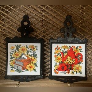 Vintage Ceramic & Wrought Iron Trivet Set